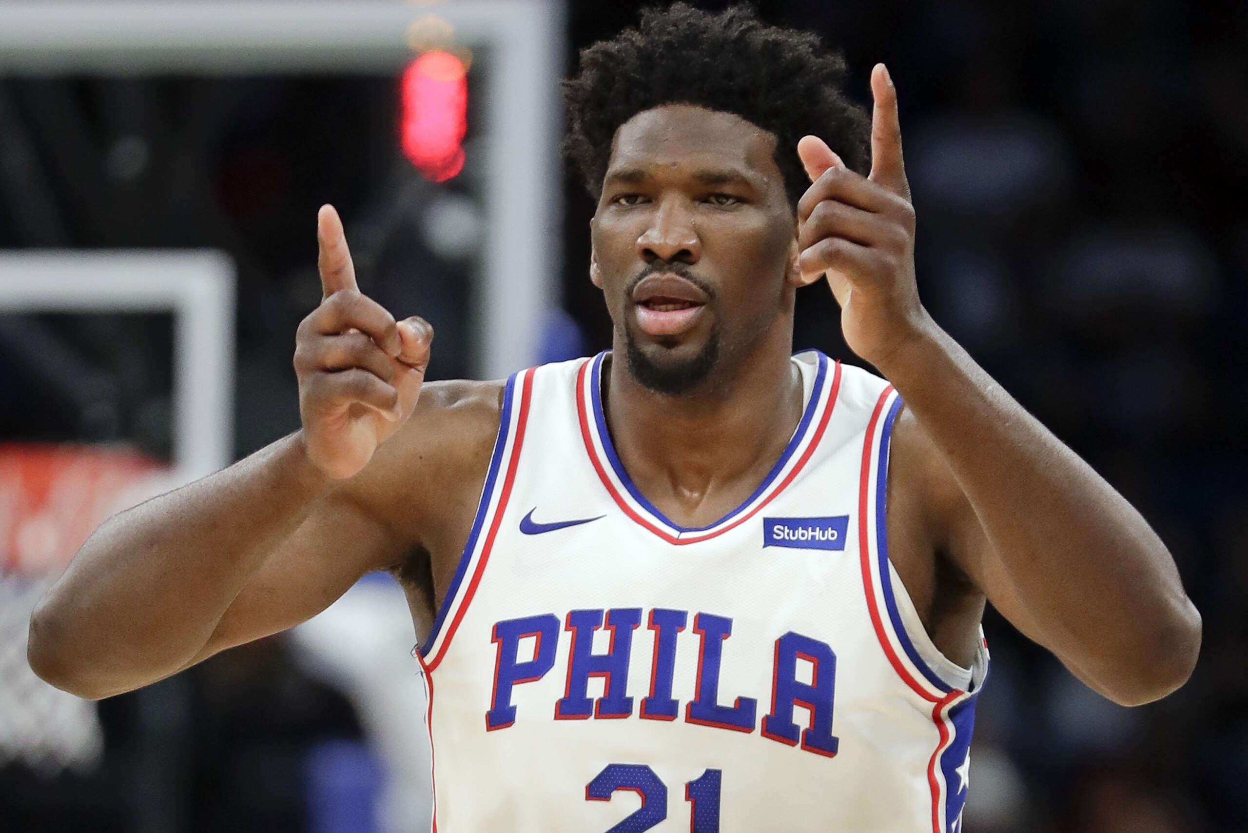 Philadelphia 76ers' Joel Embiid (21) gestures with his hands after making a shot and drawing a foul during the first half of an NBA basketball game against the Orlando Magic, Thursday, March 22, 2018, in Orlando, Fla. (AP Photo/John Raoux) Philadelphia 76ers' Joel Embiid (21) gestures with his hands after making a shot and drawing a foul during the first half of an NBA basketball game against the Orlando Magic, Thursday, March 22, 2018, in Orlando, Fla. (AP Photo/John Raoux)