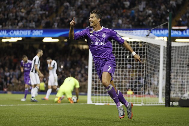 Real Madrid's Cristiano Ronaldo celebrates after scoring during the Champions League final soccer match between Juventus and Real Madrid at the Millennium Stadium in Cardiff, Wales, Saturday June 3, 2017. (AP Photo/Kirsty Wigglesworth)