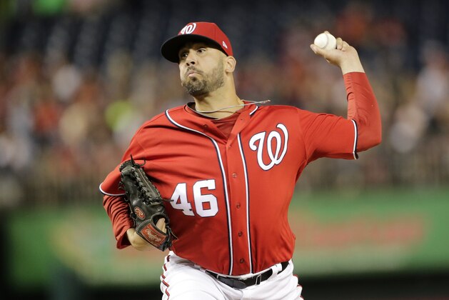 Washington Nationals relief pitcher Oliver Perez throws during the ninth inning against theColorado Rockies in a baseball game, Saturday, July 29, 2017, in Washington. The Rockies 4-2. (AP Photo/Mark Tenally)