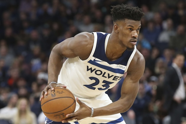Minnesota Timberwolves' Jimmy Butler plays against the Los Angeles Lakers in the first half of an NBA basketball game Thursday, Feb. 15, 2018, in Minneapolis. (AP Photo/Jim Mone)