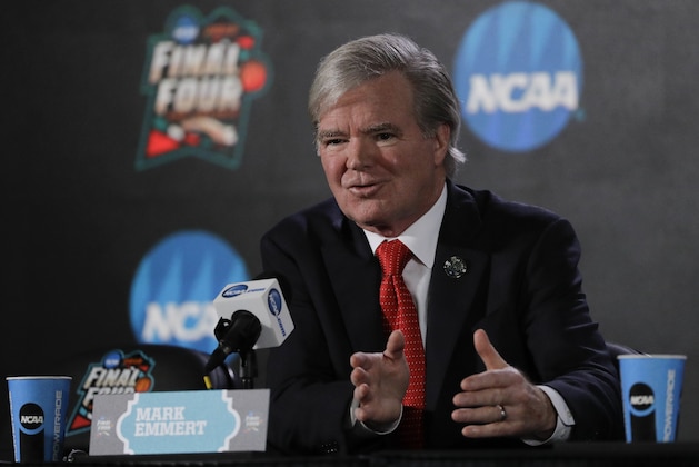 NCAA President Mark Emmert speaks during a news conference at the Final Four NCAA college basketball tournament, Thursday, March 29, 2018, in San Antonio. (AP Photo/David J. Phillip)