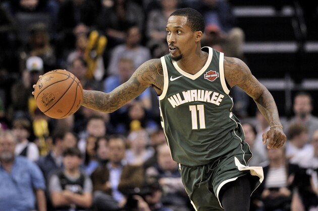 Milwaukee Bucks guard Brandon Jennings (11) brings the ball upcourt in the first half of an NBA basketball game against the Memphis Grizzlies, Monday, March 12, 2018, in Memphis, Tenn. (AP Photo/Brandon Dill)