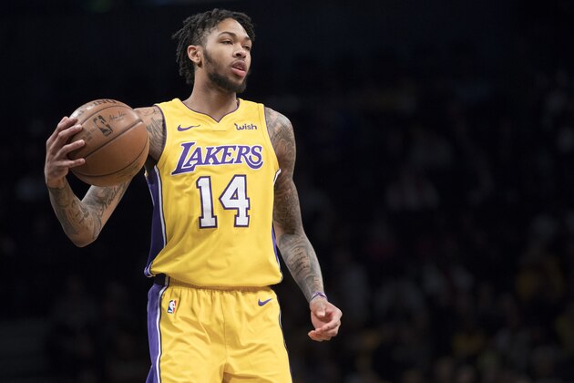 Los Angeles Lakers forward Brandon Ingram handles the ball during the first half of an NBA basketball game against the Brooklyn Nets, Friday, Feb. 2, 2018, in New York. (AP Photo/Mary Altaffer)