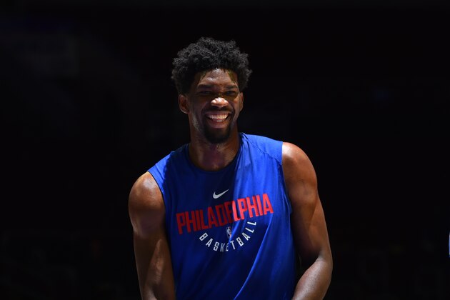 PHILADELPHIA,PA - MARCH 26 : Joel Embiid #21 of the Philadelphia 76ers smiles prior to the game against the Denver Nuggets at Wells Fargo Center on March 26, 2018 in Philadelphia, Pennsylvania NOTE TO USER: User expressly acknowledges and agrees that, by downloading and/or using this Photograph, user is consenting to the terms and conditions of the Getty Images License Agreement. Mandatory Copyright Notice: Copyright 2018 NBAE (Photo by Jesse D. Garrabrant/NBAE via Getty Images) PHILADELPHIA,PA - MARCH 26 : Joel Embiid #21 of the Philadelphia 76ers smiles prior to the game against the Denver Nuggets at Wells Fargo Center on March 26, 2018 in Philadelphia, Pennsylvania NOTE TO USER: User expressly acknowledges and agrees that, by downloading and/or using this Photograph, user is consenting to the terms and conditions of the Getty Images License Agreement. Mandatory Copyright Notice: Copyright 2018 NBAE (Photo by Jesse D. Garrabrant/NBAE via Getty Images)