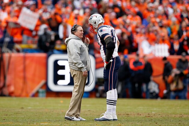 DENVER, CO - JANUARY 24: Head coach Bill Belichick of the New England Patriots speaks to Rob Gronkowski #87 in the fourth quarter against the Denver Broncos in the AFC Championship game at Sports Authority Field at Mile High on January 24, 2016 in Denver, Colorado.  (Photo by Ezra Shaw/Getty Images)