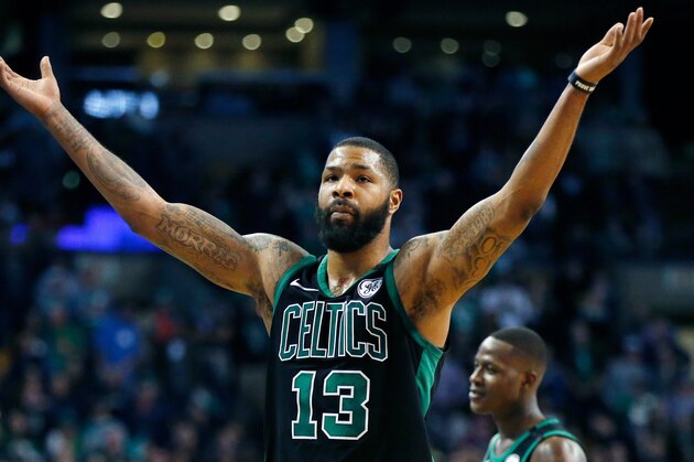 Boston Celtics' Marcus Morris reacts after being ejected during the fourth quarter of an NBA basketball game against the Toronto Raptors in Boston, Saturday, March 31, 2018. The Celtics won 110-99. (AP Photo/Michael Dwyer)