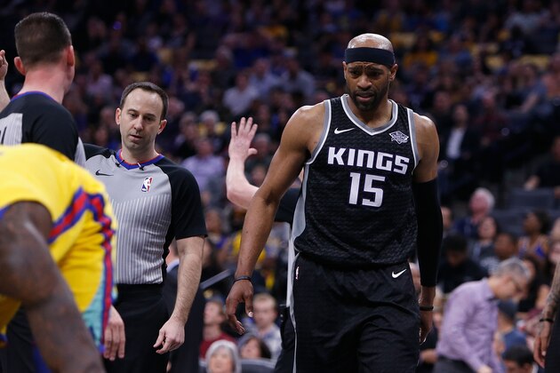 SACRAMENTO, CA - MARCH 31: Vince Carter #15 of the Sacramento Kings gets emotional after fouling Patrick McCaw #0 of the Golden State Warriors at Golden 1 Center on March 31, 2018 in Sacramento, California. McCaw was stretchered from the court after the incident. NOTE TO USER: User expressly acknowledges and agrees that, by downloading and or using this photograph, User is consenting to the terms and conditions of the Getty Images License Agreement. (Photo by Lachlan Cunningham/Getty Images)