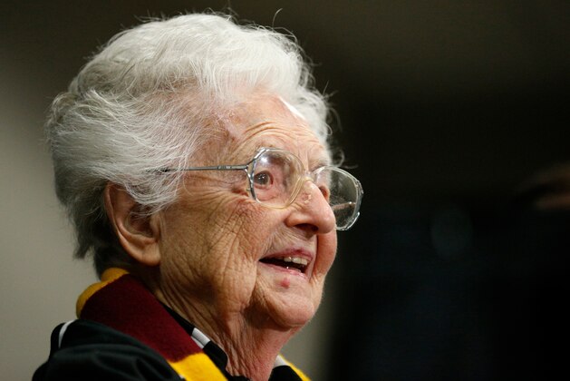 Loyola's Sister Jean Dolores Schmidt answers questions during a news conference for the Final Four NCAA college basketball tournament, Friday, March 30, 2018, in San Antonio. (AP Photo/Brynn Anderson)