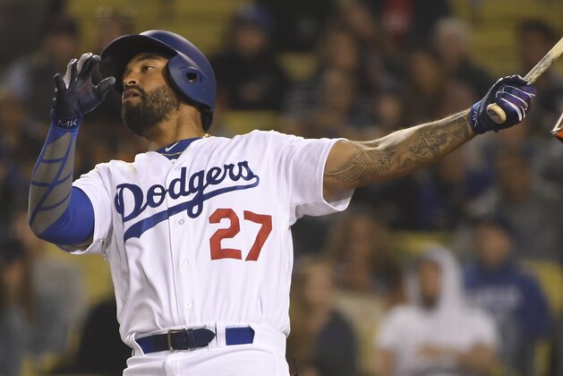 LOS ANGELES, CA - MARCH 31: Left fielder Matt Kemp #27 of the Los Angeles Dodgers reacts to a foul ball in the 8th inning at Dodger Stadium on March 31, 2018 in Los Angeles, California. The Dodgers defeated the San Francisco Giants 5-0. (Photo by John McCoy/Getty Images)