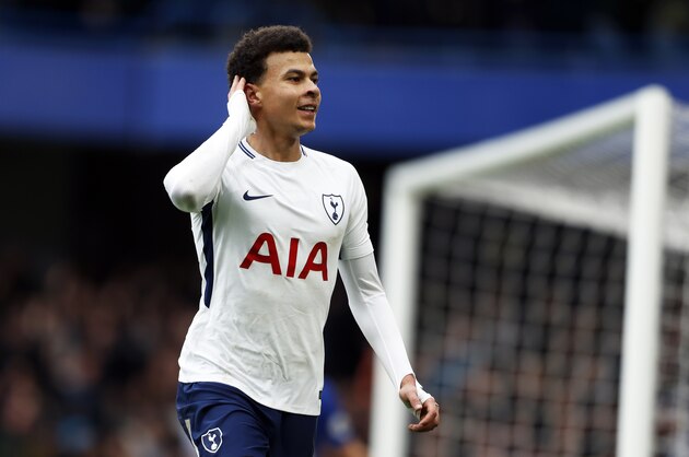 Tottenham's Dele Alli celebrates after scoring his side's second goal during the English Premier League soccer match between Chelsea and Tottenham Hotspur at Stamford Bridge stadium in London, Sunday, April 1, 2018. (AP Photo/Frank Augstein)