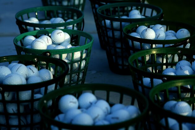 GIRONA, SPAIN - NOVEMBER 14:  Buckets of golf balls wait for players to pick them up on the practise range before the first round of the European Tour Qualifying School Final at PGA Catalunya Resort on November 14, 2015 in Girona, Spain.  (Photo by Richard Heathcote/Getty Images)