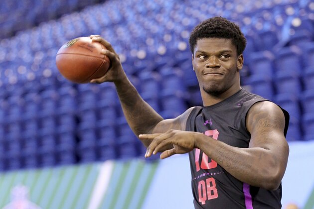 Louisville quarterback Lamar Jackson is seen at the 2018 NFL Scouting Combine on Saturday, March 3, 2018, in Indianapolis. (AP Photo/Gregory Payan)