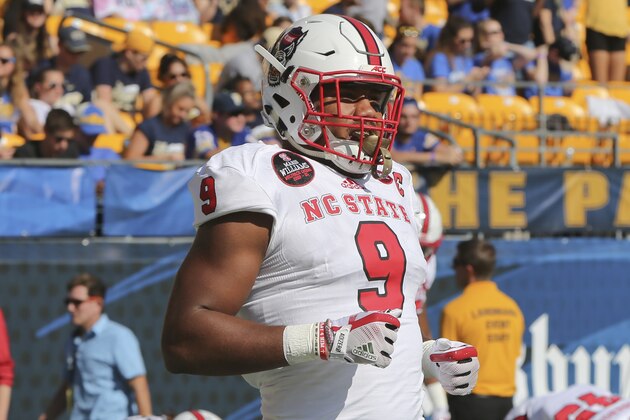 North Carolina State defensive end Chubb Bradley (9) during warmup before an NCAA football game against Pittsburgh, Saturday, Oct. 14, 2017, in Pittsburgh. (AP Photo/Keith Srakocic)