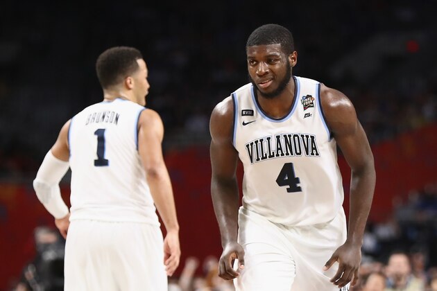 SAN ANTONIO, TX - MARCH 31: Jalen Brunson #1 and Eric Paschall #4 of the Villanova Wildcats react in the second half against the Kansas Jayhawks during the 2018 NCAA Men's Final Four Semifinal at the Alamodome on March 31, 2018 in San Antonio, Texas. (Photo by Ronald Martinez/Getty Images) SAN ANTONIO, TX - MARCH 31: Jalen Brunson #1 and Eric Paschall #4 of the Villanova Wildcats react in the second half against the Kansas Jayhawks during the 2018 NCAA Men's Final Four Semifinal at the Alamodome on March 31, 2018 in San Antonio, Texas. (Photo by Ronald Martinez/Getty Images)