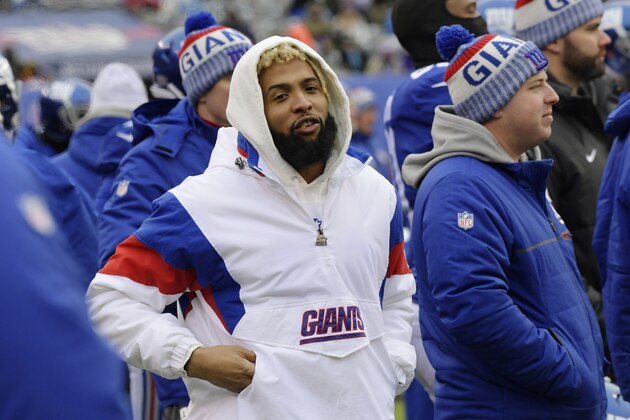New York Giants wide receiver Odell Beckham (13) watches his team play during the first half of an NFL football game against the Washington Redskins Sunday, Dec. 31, 2017, in East Rutherford, N.J. (AP Photo/Bill Kostroun) New York Giants wide receiver Odell Beckham (13) watches his team play during the first half of an NFL football game against the Washington Redskins Sunday, Dec. 31, 2017, in East Rutherford, N.J. (AP Photo/Bill Kostroun)