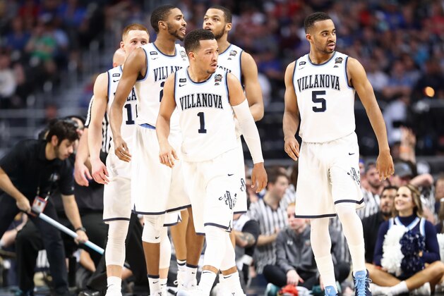 SAN ANTONIO, TX - MARCH 31: The Villanova Wildcats react against the Kansas Jayhawks during the 2018 NCAA Men's Final Four Semifinal at the Alamodome on March 31, 2018 in San Antonio, Texas. The Villanova Wildcats defeated the Kansas Jayhawks 95-79.  (Photo by Ronald Martinez/Getty Images)