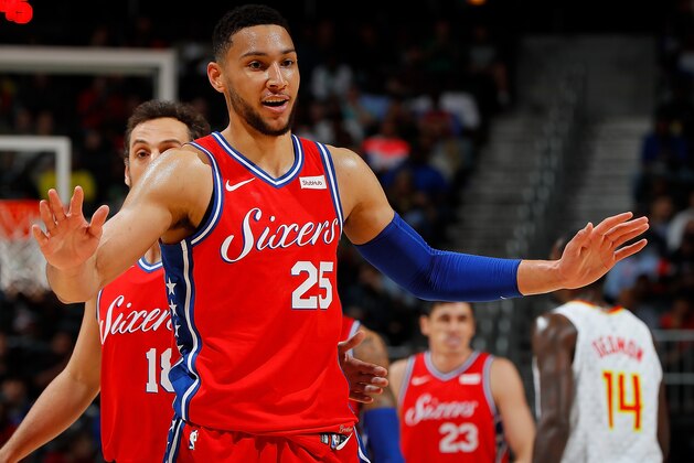 ATLANTA, GA - MARCH 30:  Ben Simmons #25 of the Philadelphia 76ers reacts during the game against the Atlanta Hawks at Philips Arena on March 30, 2018 in Atlanta, Georgia.  NOTE TO USER: User expressly acknowledges and agrees that, by downloading and or using this photograph, User is consenting to the terms and conditions of the Getty Images License Agreement.  (Photo by Kevin C. Cox/Getty Images)
