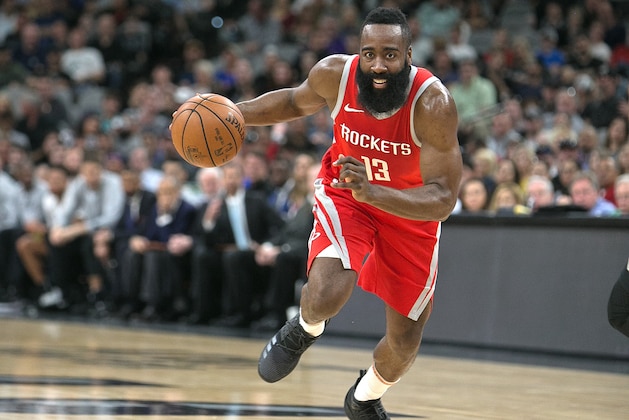 SAN ANTONIO,TX - APRIL 1 :  James Harden #13 of the Houston Rockets drives to the basket against the San Antonio Spurs at AT&T Center on April 1 , 2018  in San Antonio, Texas.  NOTE TO USER: User expressly acknowledges and agrees that , by downloading and or using this photograph, User is consenting to the terms and conditions of the Getty Images License Agreement. (Photo by Ronald Cortes/Getty Images)