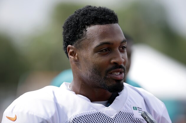 Miami Dolphins running back Isaiah Pead is interviewed, Monday, Aug. 15, 2016, after practice at NFL football training camp in Davie, Fla. (AP Photo/Lynne Sladky)