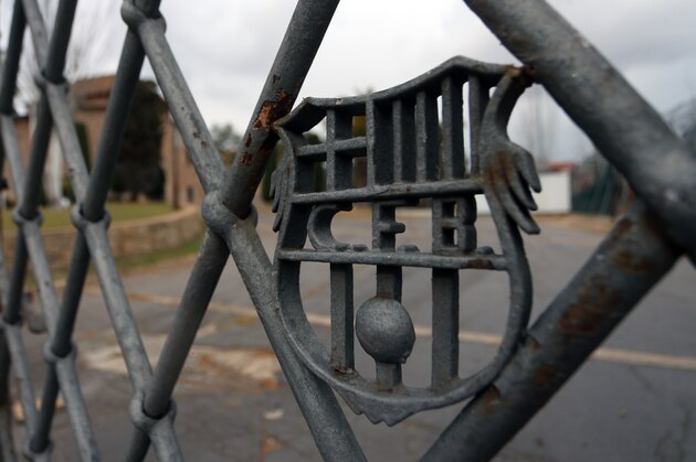 BARCELONA, SPAIN - MARCH 15:  A FC Barcelona badge at the entrance to the La Masia, the former FC Barcelona training facilities located near the Camp Nou on March 15, 2016 in Barcelona, Spain.  (Photo by Catherine Ivill - AMA/Getty Images)