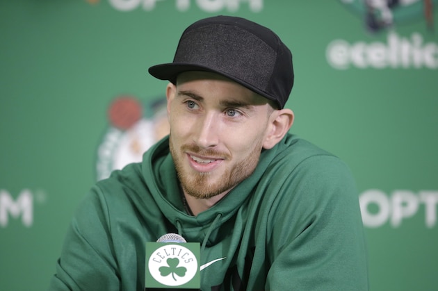 Boston Celtics' Gordon Hayward takes questions from members of the media during a news conference, Thursday, Nov. 2, 2017 at the Celtics' training facility in Waltham, Mass. Hayward broke his left ankle Oct. 17, 2017, while playing in Cleveland against the Cavaliers. (AP Photo/Steven Senne)