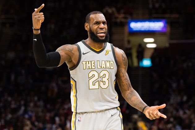 CLEVELAND, OH - APRIL 1: LeBron James #23 of the Cleveland Cavaliers argues a call during the second half against the Dallas Mavericks at Quicken Loans Arena on April 1, 2018 in Cleveland, Ohio. The Cavaliers defeated the Mavericks 98-87. NOTE TO USER: User expressly acknowledges and agrees that, by downloading and or using this photograph, User is consenting to the terms and conditions of the Getty Images License Agreement. (Photo by Jason Miller/Getty Images)
