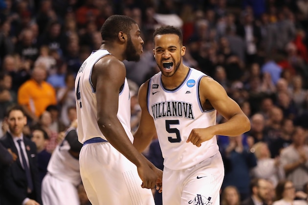 BOSTON, MA - MARCH 25:  Eric Paschall #4 and Phil Booth #5 of the Villanova Wildcats celebrate during the second half against the Texas Tech Red Raiders in the 2018 NCAA Men's Basketball Tournament East Regional at TD Garden on March 25, 2018 in Boston, Massachusetts.  (Photo by Elsa/Getty Images)