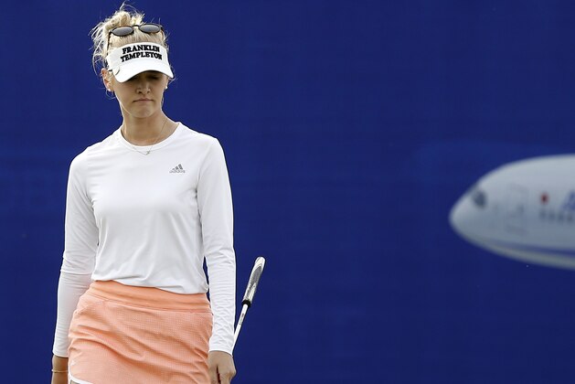 Jessica Korda misses her birdie putt on the 18th green in the final round of the LPGA Tour ANA Inspiration golf tournament at Mission Hills Country Club in Rancho Mirage, Calif., Sunday, April 1, 2018. Korda finished tied for fourth. A playoff between Pernilla Lindberg and Inbee Park is scheduled to resume Monday morning. (AP Photo/Alex Gallardo)