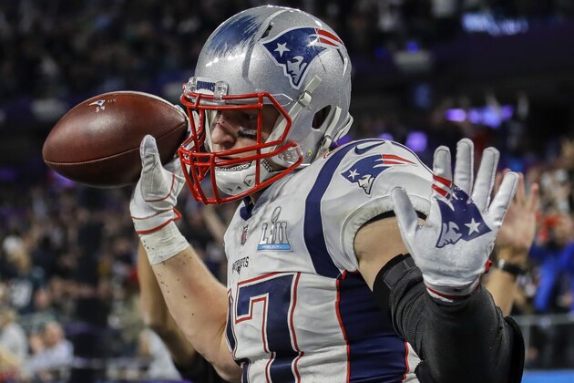 New England Patriots tight end Rob Gronkowski (87) dances as he celebrates a touchdown reception during the second half of the NFL Super Bowl 52 football game against the Philadelphia Eagles Sunday, Feb. 4, 2018, in Minneapolis. (AP Photo/Chris O'Meara)