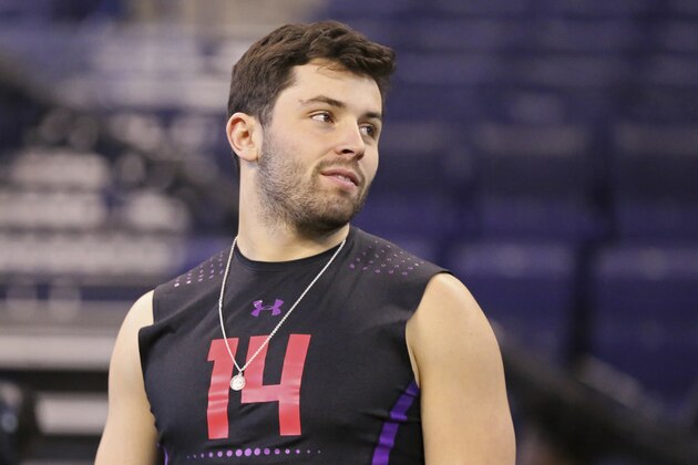 Oklahoma quarterback Baker Mayfield is seen at the 2018 NFL Scouting Combine on Saturday, March 3, 2018, in Indianapolis. (AP Photo/Gregory Payan)