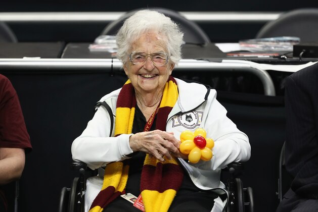 SAN ANTONIO, TX - MARCH 31: Loyola Ramblers team chaplain Sister Jean Dolores-Schmidt looks on before the 2018 NCAA Men's Final Four Semifinal against the Michigan Wolverines at the Alamodome on March 31, 2018 in San Antonio, Texas.  (Photo by Ronald Martinez/Getty Images)