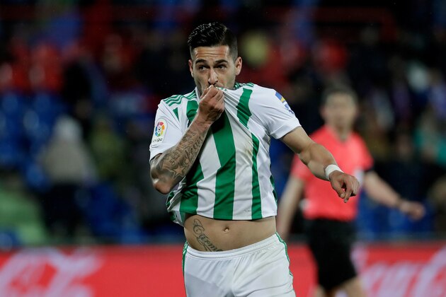 GETAFTE, SPAIN - APRIL 2: Sergio Leon of Real Betis celebrates 0-1 during the La Liga Santander  match between Getafe v Real Betis at the Coliseum Alfonso Perez on April 2, 2018 in Getafte Spain (Photo by David S. Bustamante/Soccrates/Getty Images)