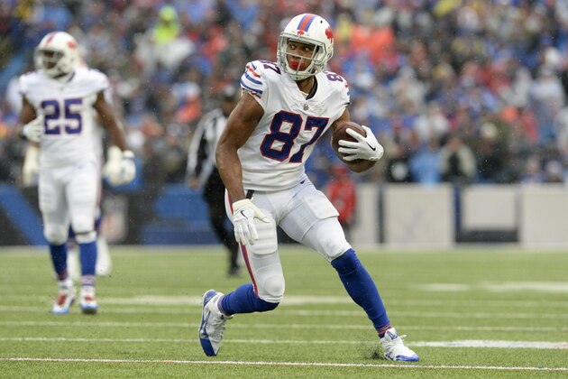 Buffalo Bills wide receiver Jordan Matthews (87) runs with the ball against the Oakland Raiders during the first half of an NFL football game, Sunday, Oct. 29, 2017, in Orchard Park, N.Y. (AP Photo/Adrian Kraus)