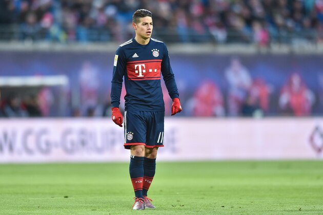 LEIPZIG, GERMANY - MARCH 18: James Rodriguez of Bayern Muenchen looks on during the Bundesliga match between RB Leipzig and FC Bayern Muenchen at Red Bull Arena on March 18, 2018 in Leipzig, Germany. (Photo by Lukasz Laskowski/PressFocus/MB Media/Getty Images)