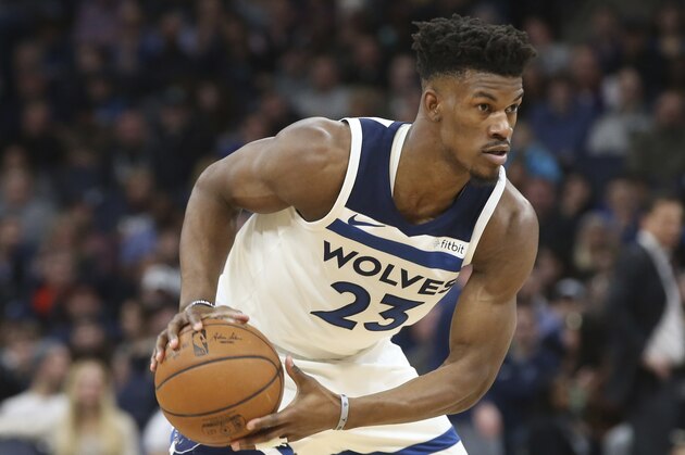 Minnesota Timberwolves' Jimmy Butler plays against the Los Angeles Lakers in the first half of an NBA basketball game Thursday, Feb. 15, 2018, in Minneapolis. (AP Photo/Jim Mone)