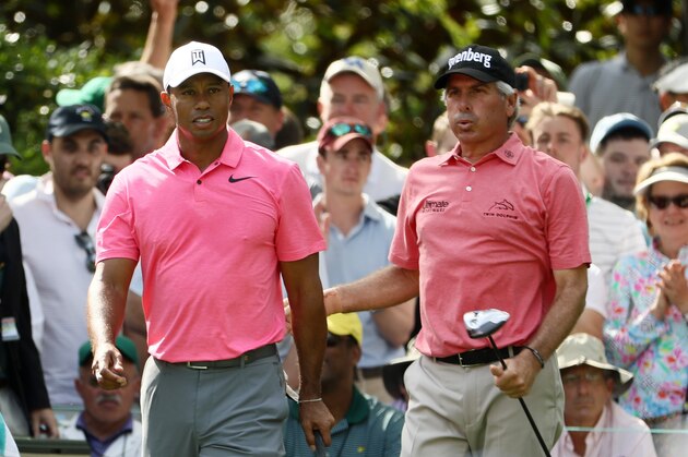 AUGUSTA, GA - APRIL 02:  Fred Couples, Justin Thomas and Tiger Woods of the United States walk off the seventh tee during a practice round prior to the start of the 2018 Masters Tournament at Augusta National Golf Club on April 2, 2018 in Augusta, Georgia.  (Photo by Jamie Squire/Getty Images)