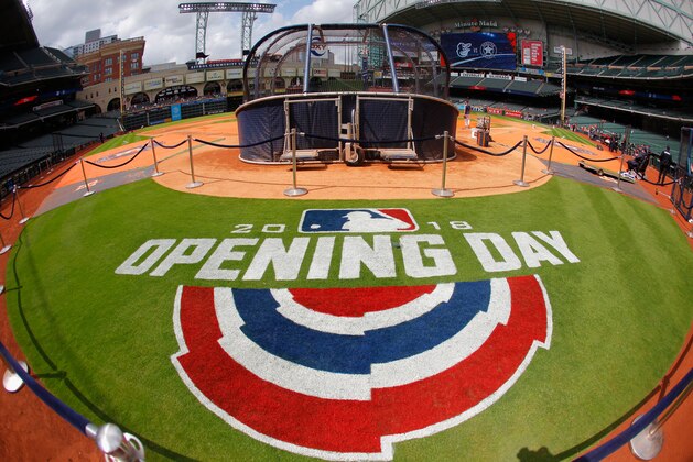 HOUSTON, TX - APRIL 02:  A general view of the Opening Day logo at Minute Maid Park before the game between the Houston Astros and Baltimore Orioles on April 2, 2018 in Houston, Texas.  (Photo by Bob Levey/Getty Images)