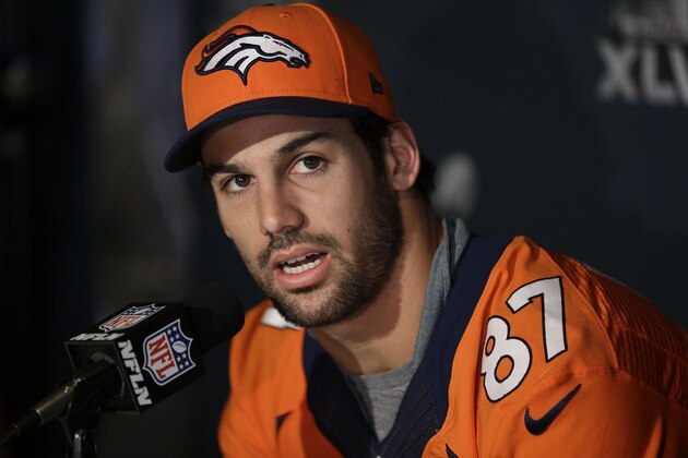 ADVANCE FOR WEEKEND EDITIONS, MARCH 8-9 - FILE - In this Jan. 30, 2014 file photo, Denver Broncos wide receiver Eric Decker talks with reporters during a news conference in Jersey City, N.J. NFL free agency begins Tuesday, March 11, 2014, with each team having another $10 million or so to spend thanks to the increased salary cap. Such standouts as receivers Eric Decker and Julian Edelman, defensive end Michael Bennett and cornerback Alterraun Verner figure to draw quick attention. (AP Photo/File)