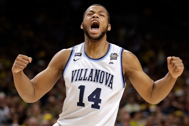 Villanova forward Omari Spellman celebrates during the first half against Kansas in the semifinals of the Final Four NCAA college basketball tournament, Saturday, March 31, 2018, in San Antonio. (AP Photo/Eric Gay)