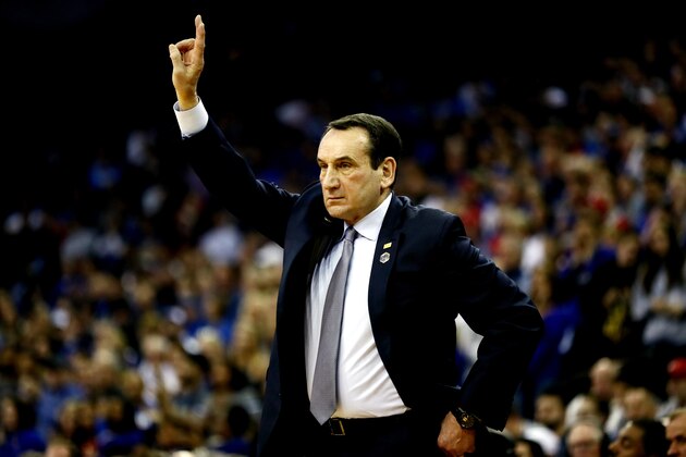 OMAHA, NE - MARCH 25:  Head coach Mike Krzyzewski of the Duke Blue Devils reacts against the Kansas Jayhawks during the first half in the 2018 NCAA Men's Basketball Tournament Midwest Regional at CenturyLink Center on March 25, 2018 in Omaha, Nebraska.  (Photo by Jamie Squire/Getty Images)