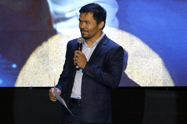 GENERAL SANTOS, PHILIPPINES - DECEMBER 17:  Boxer Manny Pacquiao speaks as he celebrates his 39th birthday at KCC convention center on December 17, 2017 in General Santos, Philippines.  (Photo by Jeoffrey Maitem/Getty Images)