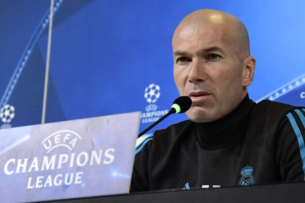 Real Madrid's French coach Zinedine Zidane speaks during a press conference at Allianz stadium in Turin on April 2, 2018, on the eve their UEFA Champions League quarter-final first leg football match Juventus versus Real Madrid. / AFP PHOTO / JAVIER SORIANO        (Photo credit should read JAVIER SORIANO/AFP/Getty Images)
