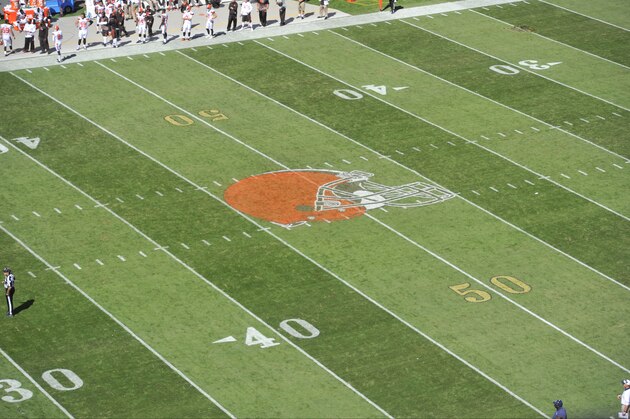 A general view of the 50-yard line and the Cleveland Browns helmet logo during an NFL football game between the Cleveland Browns and the Tennessee Titans Sunday, Sept. 20, 2015, in Cleveland. The Browns won 28-14. (AP Photo/David Richard)