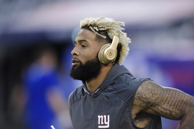 New York Giants wide receiver Odell Beckham (13) warms up before an NFL football game against the Detroit Lions Monday, Sept. 18, 2017, in East Rutherford, N.J. (AP Photo/Bill Kostroun)