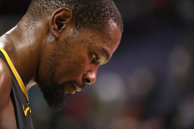 WASHINGTON, DC - FEBRUARY 28: Kevin Durant #35 of the Golden State Warriors looks on after defeating the Washington Wizards Capital One Arena on February 28, 2018 in Washington, DC. NOTE TO USER: User expressly acknowledges and agrees that, by downloading and or using this photograph, User is consenting to the terms and conditions of the Getty Images License Agreement. (Photo by Patrick Smith/Getty Images)