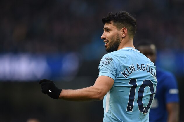 Manchester City's Argentinian striker Sergio Aguero reacts during the English Premier League football match between Manchester City and Chelsea at the Etihad Stadium in Manchester, north west England on March 4, 2018. / AFP PHOTO / Oli SCARFF / RESTRICTED TO EDITORIAL USE. No use with unauthorized audio, video, data, fixture lists, club/league logos or 'live' services. Online in-match use limited to 75 images, no video emulation. No use in betting, games or single club/league/player publications.  /         (Photo credit should read OLI SCARFF/AFP/Getty Images)