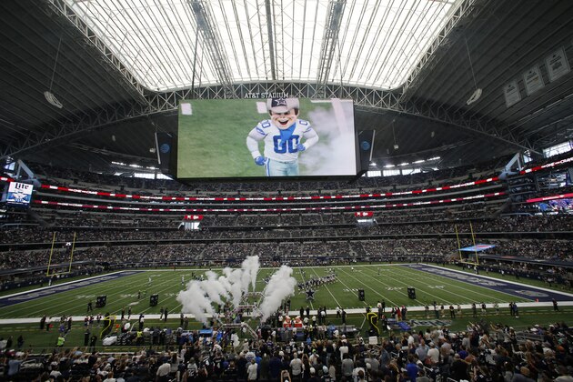 The Dallas Cowboys mascot, Rowdy, is seen on the large video screen during team introductions before an NFL football game against the Los Angeles Rams at AT&T Stadium, Sunday, Oct. 1, 2017, in Arlington, Texas. (AP Photo/Roger Steinman)