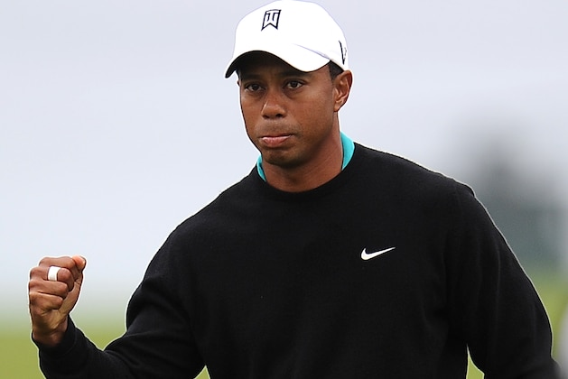 American Tiger Woods pumps his fist after chipping in to birdie on the 11th hole during the second round of the 110th US Open at Pebble Beach Golf Links at the US Open golf championship in Pebble Beach, California on June 18, 2010. AFP PHOTO / Robyn Beck (Photo credit should read ROBYN BECK/AFP/Getty Images)