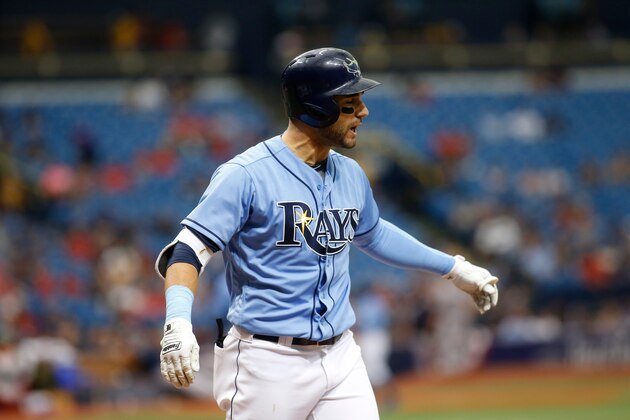 ST. PETERSBURG, FL - APRIL 1:  Kevin Kiermaier #39 of the Tampa Bay Rays reacts after striking out swinging to end the fifth inning of a game against the Boston Red Sox on April 1, 2018 at Tropicana Field in St. Petersburg, Florida. (Photo by Brian Blanco/Getty Images)