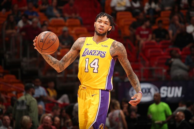 MIAMI, FL - MARCH 1: Brandon Ingram #14 of the Los Angeles Lakers handles the ball against the Miami Heat on March 1, 2018 at American Airlines Arena in Miami, Florida. NOTE TO USER: User expressly acknowledges and agrees that, by downloading and or using this Photograph, user is consenting to the terms and conditions of the Getty Images License Agreement. Mandatory Copyright Notice: Copyright 2018 NBAE (Photo by Issac Baldizon/NBAE via Getty Images)